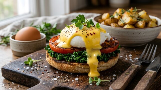 Delicious eggs benedict with tomato and greens on wooden board funny animal emoji