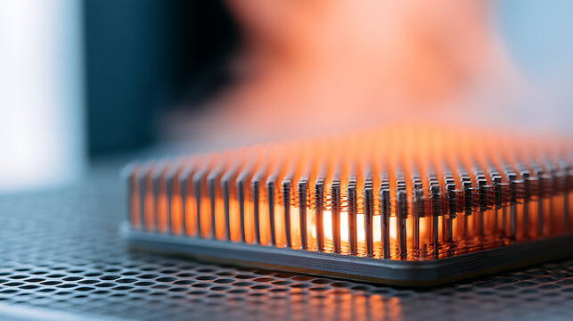 Close-up view of industrial heat sink cooling processor chip inside high tech computer hardware server component for modern technology power