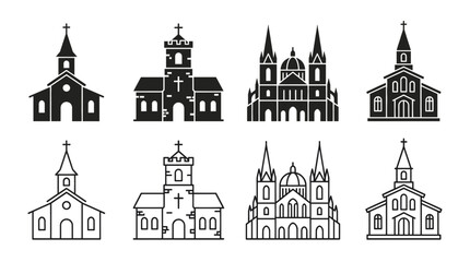 Fototapeta premium Church building icons set in solid and outline styles