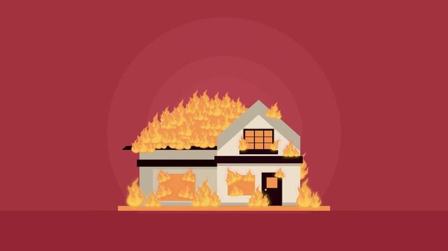 Animation of residential house burning with intense orange flames and smoke on red background.