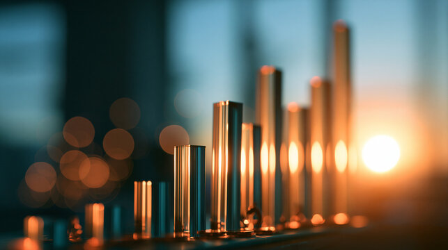 Goldene zylindrische S&auml;ulen mit Bokeh-Sonnenuntergang im Hintergrund, warmes Licht, Symbolbild f&uuml;r Business, Finanzen und Erfolg in Pr&auml;sentationen.