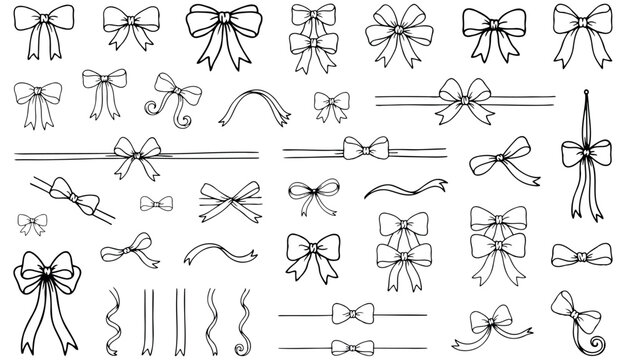 Bow gift ribbon line simple element set. Hand drawn doodle stroke ribbon bow. Elegant minimal line stroke style. Vector illustration