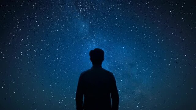Silhouette Under Starry Night Sky Evokes Solitude, Quiet Reflection, and Wonder