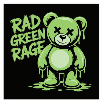Green teddy bear with rad green rage text