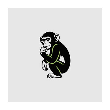 Black and white cartoon monkey sitting and holding its face thoughtfully