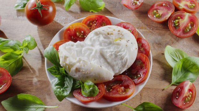 Flat lay of burrata cheese surrounded by cherry tomatoes and basil on wooden table. Mediterranean traditional food.