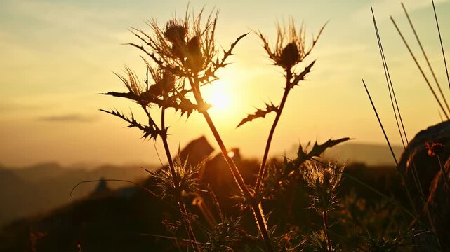 Thistle Plants Silhouetted Against Sunset On Rolling Hills