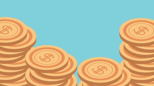 Dynamic motion of golden dollar coins accumulating in stacks on a light blue background financial growth concept.