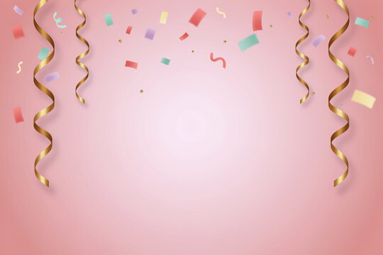 Pink gradient party background with colorful confetti and curled streamers, festive celebration backdrop for birthday invitations and social media banners