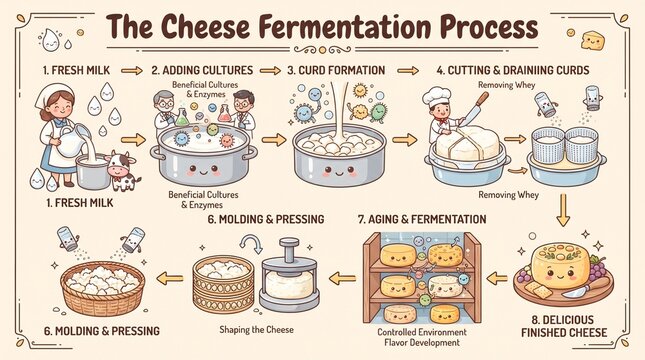 Cute cartoon illustration of a step-by-step guide for traditional dairy food production and cheese making fermentation flow chart
