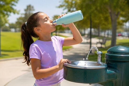 Girl Drinking Water from Reusable Bottle at Park Fountain 