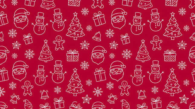 Seamless red Christmas vector doodle pattern background with white Santa Claus snowmen and pine trees