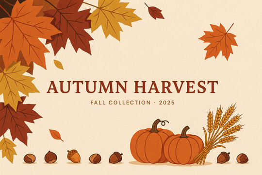 Autumn Harvest fall collection 2025 text on beige background, pumpkins and wheat illustration with scattered orange maple leaves for seasonal promo