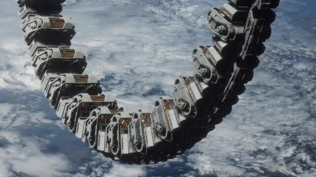 A large circular structure in low Earth orbit. The structure appears to be made of several connected sections. The background features Earth with clouds.