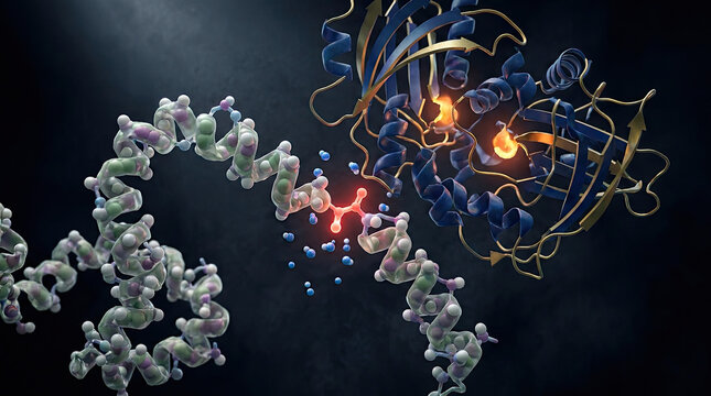Molecular structure of enzyme cleaving protein chain, showcasing intricate details and vibrant