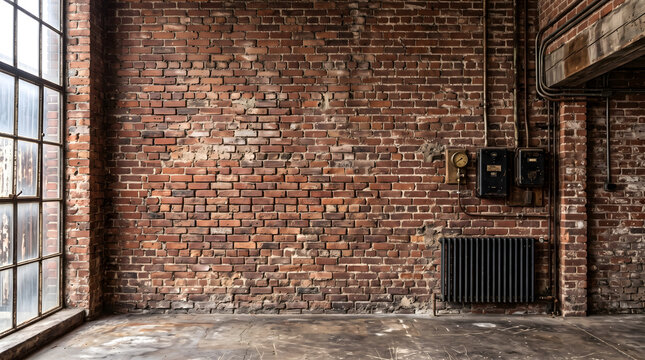 Rustic Vintage Industrial Loft Interior with Exposed Red Brick Wall Old Windows Electrical Box and Radiator Heater Background