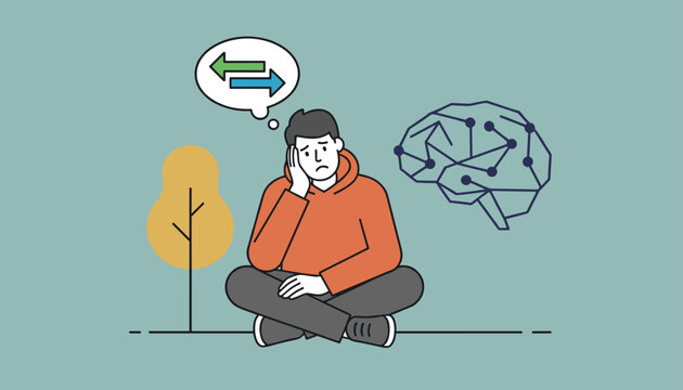 Young man sitting cross legged on the ground in deep thought with a brain network icon and arrows representing choices.