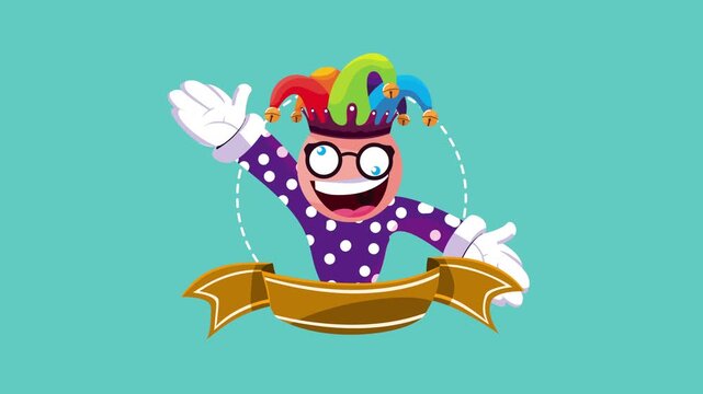 Happy jester wearing glasses and colorful hat waving hand on a ribbon background, dynamic motion for holidays.
