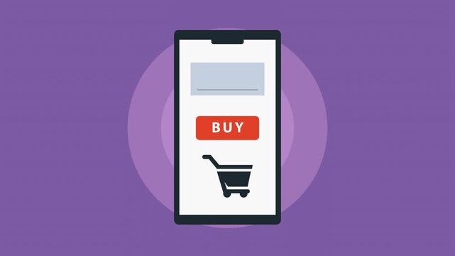 Mobile e-commerce concept animation with shopping cart icon and buy button on smartphone screen dynamic motion footage.