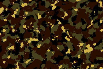 An earthy desert-style camouflage pattern composed of organic blotches in mustard yellow, olive green, dark brown, and black, creating a rugged and natural concealment texture for tactical or casual. © Andi