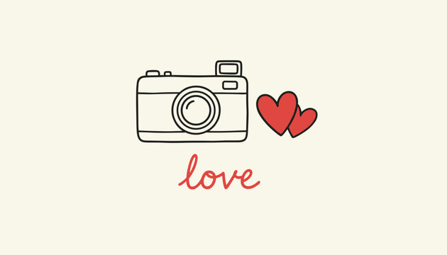 Simple hand drawn camera outline with two red hearts and the word love written below on a light cream background.