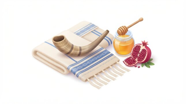 Traditional jewish shofar horn with tallit prayer shawl honey jar and pomegranate for rosh hashanah holiday isolated on transparent background