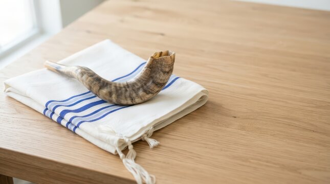 A traditional jewish shofar ram horn placed on a folded white tallit prayer shawl on a wooden table surface isolated on transparent background