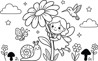 Fototapeta premium Fairytale garden coloring page with cute fairy flower snail butterfly and hummingbird