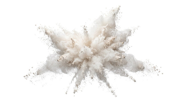 Dynamic white powder explosion on white background. Powerful flour burst with fine particles. Abstract dust cloud splash for food and sports design.