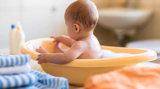 A cute infant enjoy bath time in a small plastic tub inside a bright modern bathroom surrounded by soft towels and hygiene products today