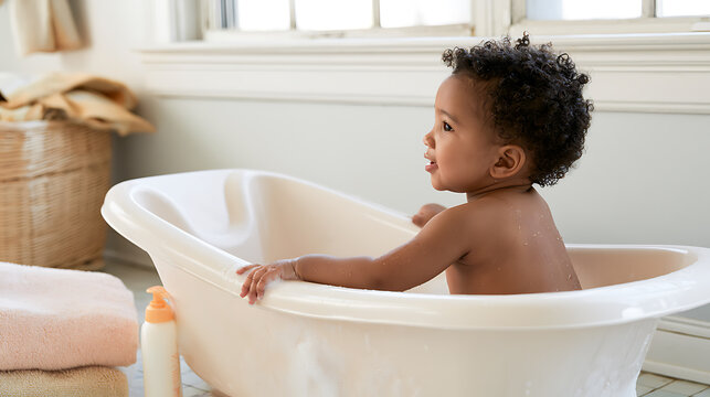 Joyful African American baby boy sit inside a small white bathtub during bath time at home, smiling happily with clean water and bubble