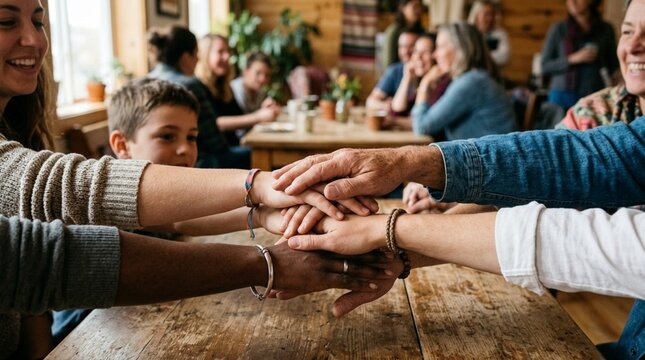 Diverse group of people stacking hands together, unity and teamwork concept