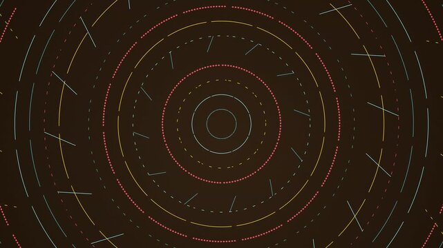 Colorful neon dashed circles form a rhythmic pattern of rotating lines on a dark brown surface