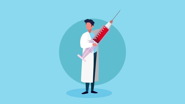 Male professional doctor character holding huge vaccine syringe with red liquid inside animated against blue background.