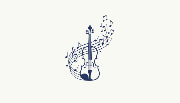 Artistic dark blue violin silhouette surrounded by swirling musical staff lines and notes on off-white.