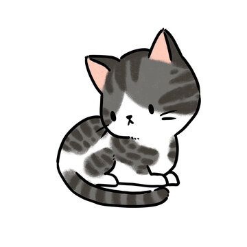 Cute grey tabby cat sitting side view, hand drawn illustration