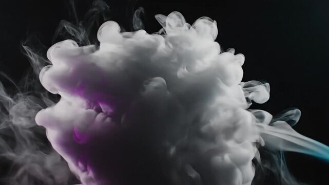 Abstract white cloud puff with purple and blue color accents on a black background creating a dreamy, ethereal aesthetic.