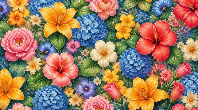 Vibrant Floral Tapestry: A stunning, detailed illustration of a diverse array of blooming flowers in various shapes, sizes, and colors, creating a rich and lively botanical scene.