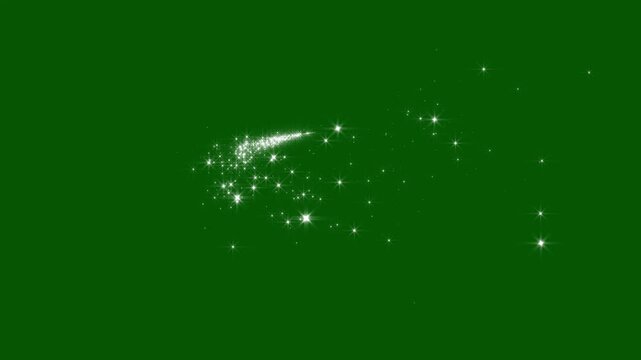 Glowing glitter magic sparkle trail with fast white star streaks, shimmering glitter particles, fairy dust and twinkling stars creating a fantasy light transition effect on green screen, 4K loop