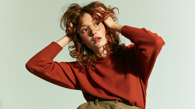 Frau mit lockigem Haar in rostrotem Pullover f&auml;hrt sich durch die Haare, warmes Editorial-Portr&auml;t vor beigem Hintergrund f&uuml;r Modewerbung.