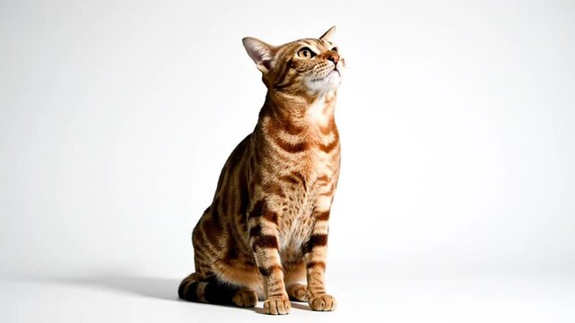 Ginger tabby cat looking up and meowing on white background, studio shot of domestic feline