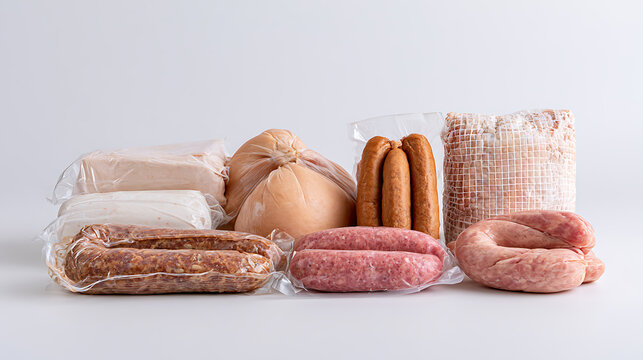 Assorted fresh meat products including vacuum-packed sausages, ham, and deli cuts arranged neatly on a clean white background studio shot