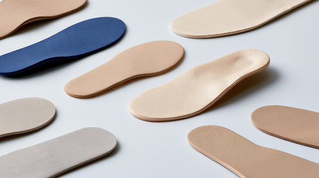 A top view arrangement of various orthotic shoe insoles and foot care inserts on a clean white background showcasing support and health