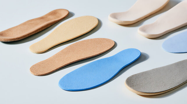 A collection of various shoe insoles and arch supports arranged on a clean white background, showcasing different materials and colors