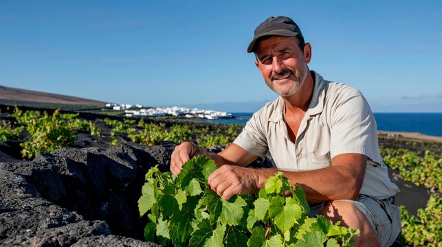 Canarian Volcanic Vineyard Worker Tending Vines in Black Lava Soil