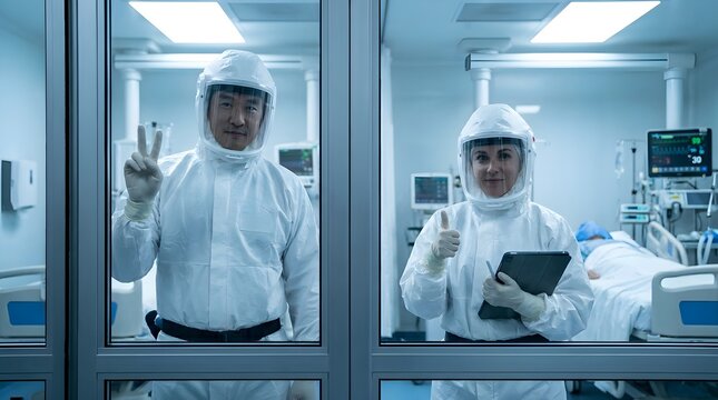 Healthcare Workers in Protective PPE Suits Showing Success Gestures Through Glass in Isolation Ward