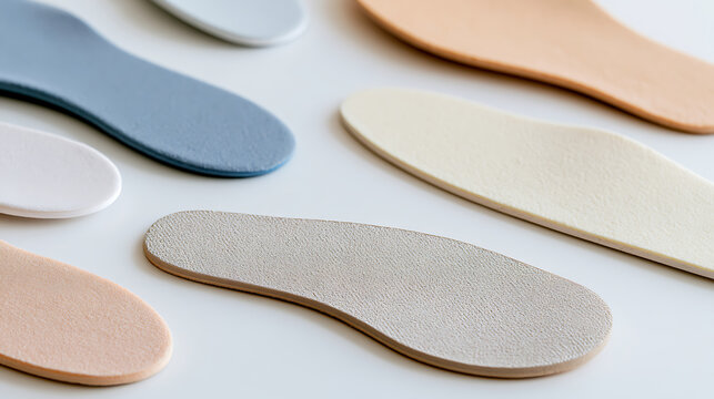 A collection of various shoe insoles and orthotic inserts in different colors and textures displayed flat on a clean minimalist surface top