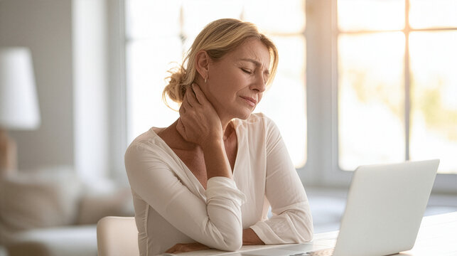 a professional middle-aged woman working from home at a modern  desk  gently holding the back of her neck with one hand after long hours of computer work