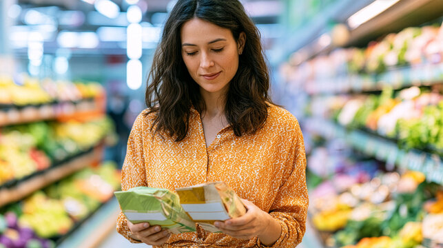 a young woman standing in a modern supermarket comparing two generic food packages with blank labels, carefully choosing the healthier option, healthy grocery shopping, wellness lifestyle