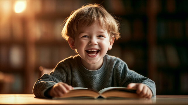 A smiling young boy enjoying an exciting storybook, sitting comfortably at a wooden desk in a warm cozy library
